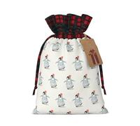 Penguin Wearing Flowers Printing Color Matching Plaid Drawstring Christmas Bag With Kraft Tag 4.7x6.9 In For Halloween