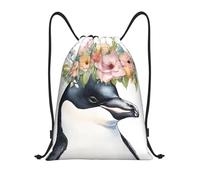 Penguin Wearing Flowers Title: Lightweight Drawstring Duffel Bag â€“ Water-Resistant Foldable Gym Sack with Adjustable Shoulder Strap, Ideal for Sports, Yoga, Travel and School