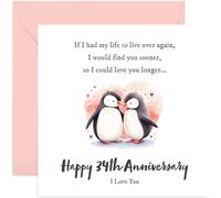 Penguin Wedding Anniversary Card - 'Happy 34th Anniversary' Thirty Four Years Together Gift for Husband Wife - Cute Romantic Design - Thoughtful Gifts for Them - Blank Inside with Envelope