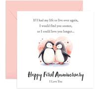 Penguin Wedding Anniversary Card - 'Happy First Anniversary' 1 Year Together Gift for Husband Wife - Cute Romantic Design - Thoughtful Gifts for Them - Blank Inside with Envelope
