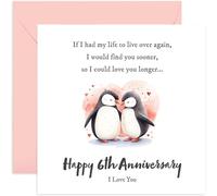 Penguin Wedding Anniversary Card - 'Happy Sixth Anniversary' 6 Years Together Gift for Husband Wife - Cute Romantic Design - Thoughtful Gifts for Them - Blank Inside with Envelope