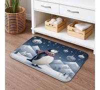 Penguin Winter Quick Dry Bath Mat, Snowy Mountain Pattern Absorbent Non Slip Shower Mat, Festive Flannel Washable Bath Rugs for Bathroom Toilet Restroom Decorative 16x24 Inch