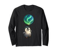 Penguin with Aurora Balloon Cute Arctic Night Artwork Design Long Sleeve T-Shirt