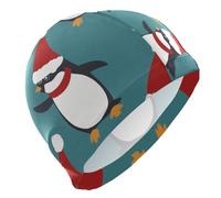 Penguin with Xmas Hat Swim Cap for Men Lightweight Cloth Cap for Pool Bathing Swimming Hat One SizeBlue