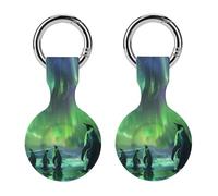 Penguins in Ice Desert Aurora Cute Keychain Holder Case Soft GPS Tracker Cover Silicone Shell Protective Compatible for AirTag