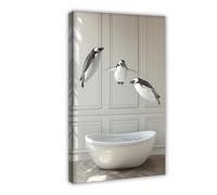 Penguins Jumping Into Bathtub, Funny Bathroom Wall Art Decor, Animals Taking A Bath, Vintage Style Retro Penguin Print, Ai Art-1