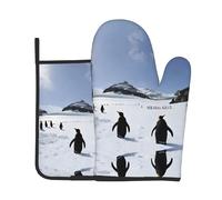 Penguins On The Iceberg Print Oven Mitts and Pot Holders Sets Waterproof Kitchen Mitts with Storage Rope for Microwave, Stove, and Outdoor BBQ