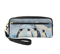 Penguins on The Iceberg Printed Leather Makeup Bags with Wrist Strap Portable Travel Toiletry Bag Cosmetic Organizer Bag for Women