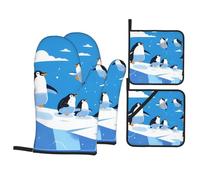 Penguins on The Iceberg Printing Oven Mitts and Pot Holders Sets - Heat-Resistant, Waterproof, and Durable Kitchen Baking Four-Piece Set