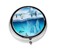 Penguins On The Iceberg This Small, Printed, Round Pill Box is a Portable Pill and Vitamin Organizer Perfect for Pockets, Purses, and Travel.