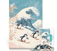 Penguins Surfing The Great Wave 1000 Pieces Jigsaw Puzzles for Adults Memory Boost Home Pastime Image Assembly Wall Art Decor (38x26cm)