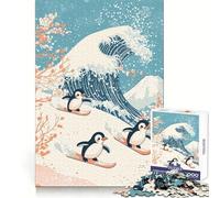 Penguins Surfing The Great Wave 1000 Pieces Jigsaw Puzzles for Adults Memory Boost Home Pastime Image Assembly Wall Art Decor (38x26cm)