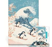 Penguins Surfing The Great Wave Jigsaw Puzzle 1000 Piece for Teenagers Logic Train Toy Light Relax Smooth Cut Wall Art Decor (38x52cm)
