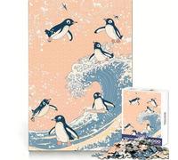 Penguins Surfing Wave Adult Jigsaw Puzzles 1000 Pieces Brain Workout Toy Casual Relax Image Assembly Artistic Gift (38x26cm)