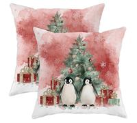 Penguins Throw Pillow Covers, Christmas Fanciful Xmas Tree Presents Red with Hidden Zipper Cushion Covers Pillow for Home Living Room Bedroom Dorm Couch Decor 24x24 Inch