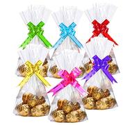 pengxiaomei 100Pcs Clear Cellophane Treat Bags, 30 x 20cm Flat Treat Bags 8" X 12" Cellophane Block Bottom Storage Bags with 100Pcs Colorful Ties Bows