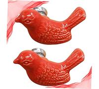 PENIKOKO 2Pcs European Style Ceramic Closet Pull Bar Single Hole Cabinet Handle with Modern Cartoon Pigeon Design Red and Silver Finish for Drawer Wardrobe Cupboard Easy Installation