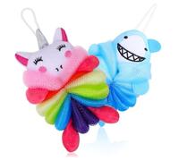 PENIKOKO 2pcs Shower Loofahs with Cartoon Shark Unicorn Design Body Exfoliating Bath Sponges for Gentle Skin Scrubbing Quick-Dry Hanging Bath Sponge for Boys