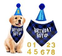 PENIKOKO Dog Birthday Party Blue Bandana and Hat with Pompom and Sequins Soft Breathable Costume Accessories for Puppies Fun Celebration Decoration and Gift