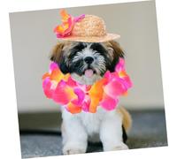 PENIKOKO Hawaiian Dog Costume with Hat and Red Flower Wreath Breathable Tropical Party Outfit for Dogs and Cats Comfortable Skin Friendly Summer Pet Dress for Birthday Festival Theme Events