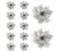Penitue 12pcs Christmas Ornaments Poinsettia with Clips and Iron Wire, Christmas Tree Flowers Decorations Glitter Artificial Poinsettia Flowers for Xmas New Year Wedding Party Decor (Silver)