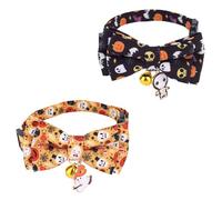 Penitue 2pcs Halloween Cat Collars with Bow Tie & Bell, Breakaway Adjustable Autumn Kitten Collars Bowtie for Small Cats and Dogs Festive Pet Accessories (Skull & Ghost Pattern)