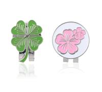 Penitue 2pcs Magnetic Golf Marker Hat Clip, Stylish Four Leaf Clover and Flower Golf Ball Marker Pink Sakura and Green Four Leaf Clover Design for Women Men Golfer