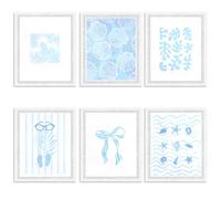 Penitue 6pcs Coastal Wall Art, Blue Canvas Pictures Wall Art Beach Room Decor Sunglasses Coquette Shell Prints Coconut Tree Bow Bikini Aesthetic Posters for Living Room Bedroom Decoration(Style 2)