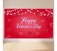 Penitue Happy Valentines Backdrop, 1.8x1.1m/5.91x3.61ft Large Valentines Banner Sign Romantic Rose & Heart Design for February 14th Anniversary Party Wall Decorations