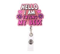 Penitue Hello I Am Trying My Best Badge Reel, Cute Pink Nurse Badge Holder Funny Retractable ID Card Holder Clip for Nurse Hospital Nursing Worker Student Teacher