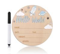 Penitue Hello World Baby Announcement, 5.9in Wooden Newborn Birth Sign with Pen Rocket & Planet Decor Hospital Nursery Photo Prop Keepsake Welcome Board for