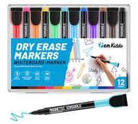PENKIDDO Magnetic Whiteboard Pens Markers, 12 Colours Fine Tip White Board Markers Erasable with Eraser, Low Odour Quick-Drying Dry Whiteboard Pens for Home School Office