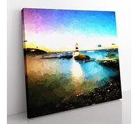 Penmon Lighthouse in Anglesey Wales in Abstract Modern Canvas Wall Art Print Ready to Hang, Framed Picture for Living Room Bedroom Home Office Décor, 50x50 cm (20x20 Inch)