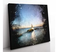 Penmon Lighthouse in Anglesey Wales Paint Splash Modern Canvas Wall Art Print Ready to Hang, Framed Picture for Living Room Bedroom Home Office Décor, 50x50 cm (20x20 Inch)