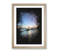 Penmon Lighthouse In Anglesey Wales Paint Splash Modern Framed Print | A4 Oak Framed Wall Art | Ready to Hang | Modern Cityscape Picture | Living Room Bedroom Lounge Office