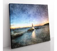 Penmon Lighthouse in Anglesey Wales Painting Modern Canvas Wall Art Print Ready to Hang, Framed Picture for Living Room Bedroom Home Office Décor, 50x50 cm (20x20 Inch)