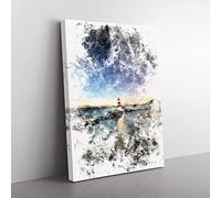 Penmon Lighthouse In Anglesey Wales Watercolour Modern Canvas Wall Art Print Ready to Hang, Framed Picture for Living Room Bedroom Home Office Décor, 76x50 cm (30x20 Inch)