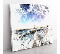 Penmon Lighthouse in Anglesey Wales Watercolour Modern Canvas Wall Art Print Ready to Hang, Framed Picture for Living Room Bedroom Home Office Décor, 50x50 cm (20x20 Inch)