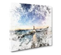 Penmon Lighthouse in Anglesey Wales Watercolour Modern Canvas Wall Art Print Ready to Hang, Framed Picture for Living Room Bedroom Home Office Décor, 20x20 Inch (50x50 cm)