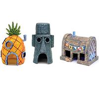Penn-Plax Spongebob Squarepants Officially Licensed 3-Piece Aquarium Ornament Bundle - Spongebob’s Pineapple House, Squidward’s Easter Island Home, and The Krusty Krab