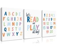 Pennclys Kids Playroom Wall Art Decor Alphabet Poster Play Room Canvas Wall Decor ABC Nursery Wall Art 123 Toddler Poster Let's Read for Boy Girl Room 12x16 Inch Framed Set of 3