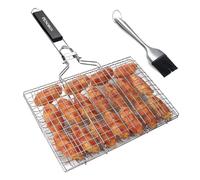 penobon Fish Grilling Basket, Folding Portable Stainless Steel BBQ Grill Basket for Fish Vegetables Shrimp with Removable Handle, Come with Basting Brush and Storage Bag (01)