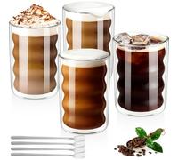 PENRUNKA Double Walled Borosilicate Glass Cup Set with 4 Spoons, 350ml Handleless Latte Macchiato Cappuccino Coffee Tea Mugs, Heat Resistant Double Layer Insulated Glassware for Home/Kitchen/Office