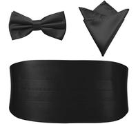 PenSee Formal Pre-tied Bow Tie & Pocket Square & Cummerbund Set, Black, Suitable for waist between 32 and 45.5