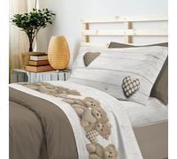 PENSIERI DELICATI 100% Cotton Double Bed Set, 120 x 200 cm, Complete with Bottom Sheet, Top and 1 Pillowcase, Made in Italy, Beige Bears Design