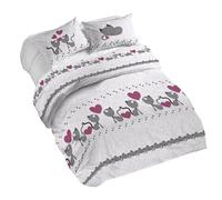 PENSIERI DELICATI 100% Cotton Double Duvet Cover Set, Complete with 250 x 200 cm Bag and 2 Pillowcases 52 x 82 cm, Made in Italy, Duvet Cover Machine Washable At 40 Degrees, Pink Cats Design