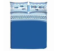 PENSIERI DELICATI Double Bed Set 100% Cotton, Complete Double Bed Sheet Set, 180 x 200 cm, Including Bottom Sheet, Top and 2 Pillowcases, Made in Italy, Blue Fish Design