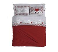 PENSIERI DELICATI Double Bed Set 100% Cotton, Complete Double Bed Sheet Set 180 x 200 cm, Including Bottom Sheet, Top Sheet and 2 Pillowcases, Made in Italy, Red Plush Pattern