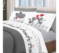 PENSIERI DELICATI Double Bed Set 100% Cotton, Double Bed Sheet Set, 180 x 200 cm, Including Bottom Sheet, Top and 2 Pillowcases, Made in Italy, Grey Cats Design