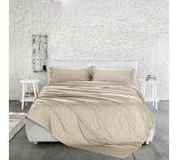 PENSIERI DELICATI Double Bed Set in Solid Satin 100% Cotton, Complete Double Bed Sheet Set, 250 x 300 cm, Including Bottom Sheet, Top and 2 Pillowcases, Made in Italy, Beige